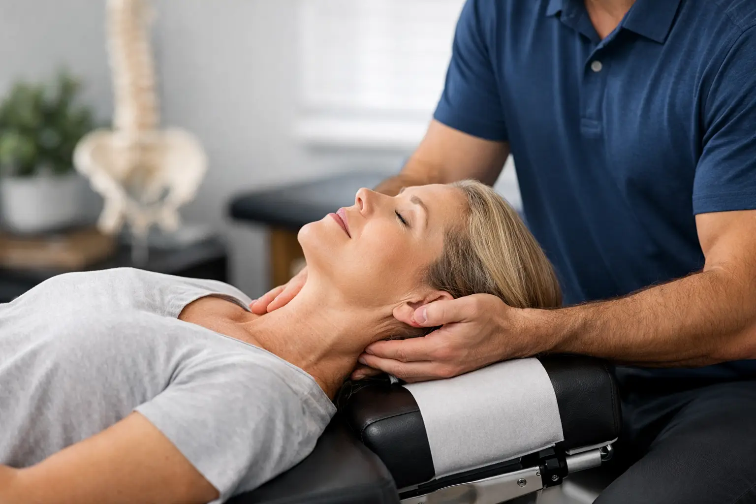 Chiropractor performing a gentle spinal adjustment for a patient in Saint Louis Park.