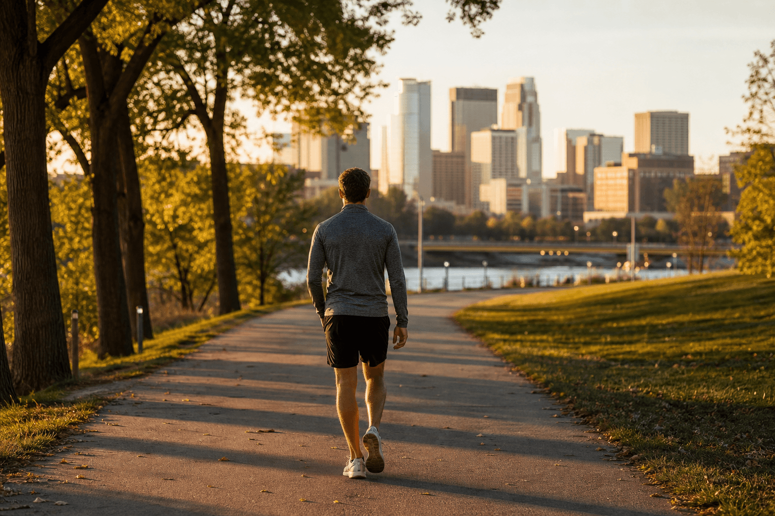 Person walking with easy upright posture on a park path, showing relief beyond back pain.