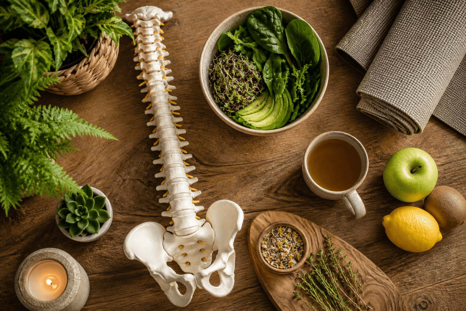 Holistic wellness still life with a spine model, fresh food, tea, and a yoga mat.