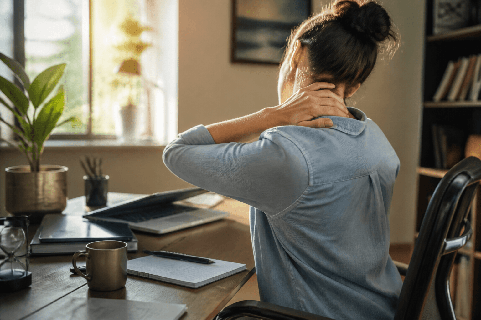 Person at a home desk rubbing their neck after computer work, an everyday sign of spinal strain.