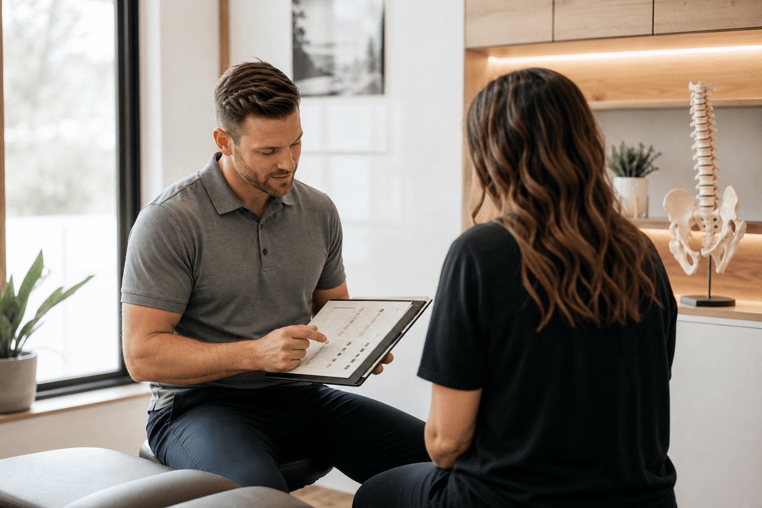Chiropractor reviewing a care plan with a patient to decide how often to return.